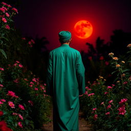 A man dressed in green Islamic attire, wearing a black abaya and a green turban, walking among plants and flowers at night