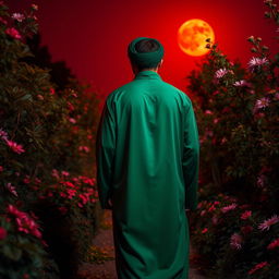 A man dressed in green Islamic attire, wearing a black abaya and a green turban, walking among plants and flowers at night
