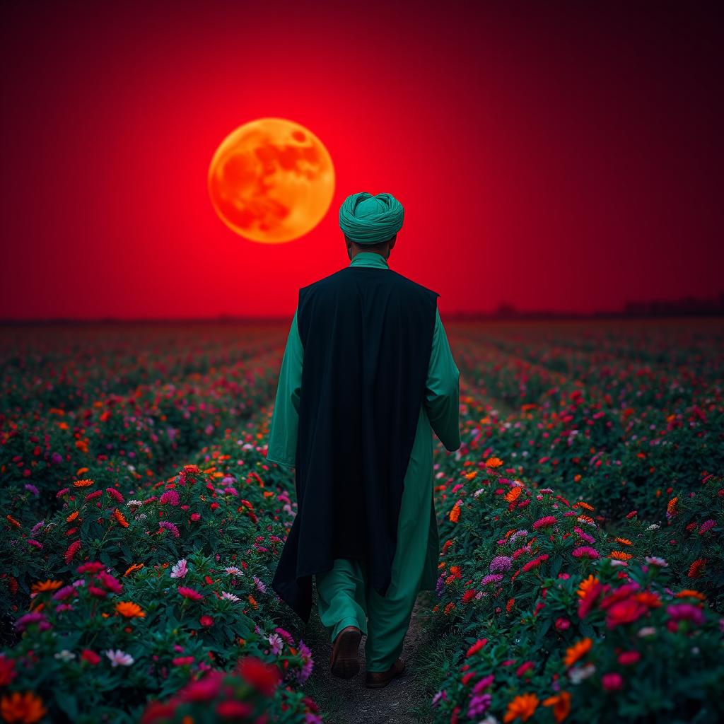 A man wearing traditional Islamic attire in green, with a black cloak and a black robe, adorned with a green turban