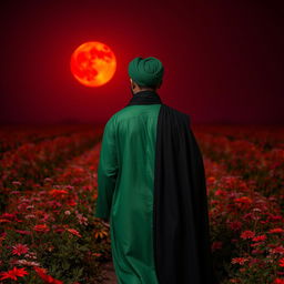 A man wearing traditional Islamic attire in green, with a black cloak and a black robe, adorned with a green turban