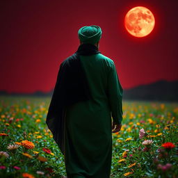 A man wearing traditional Islamic attire in green, with a black cloak and a black robe, adorned with a green turban