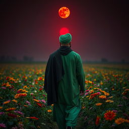 A man wearing traditional Islamic attire in green, with a black cloak and a black robe, adorned with a green turban