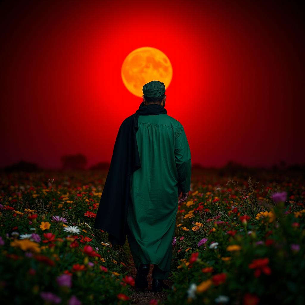 A man dressed in green Islamic attire, with a black cloak and a black head covering, and a green turban, walking through a field of flowers and plants at night