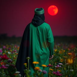 A man dressed in green Islamic attire, with a black cloak and a black head covering, and a green turban, walking through a field of flowers and plants at night