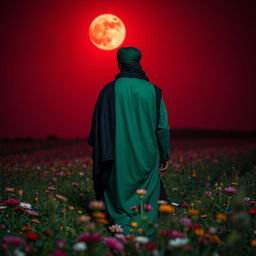 A man dressed in green Islamic attire, with a black cloak and a black head covering, and a green turban, walking through a field of flowers and plants at night