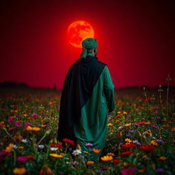 A man dressed in green Islamic attire, with a black cloak and a black head covering, and a green turban, walking through a field of flowers and plants at night