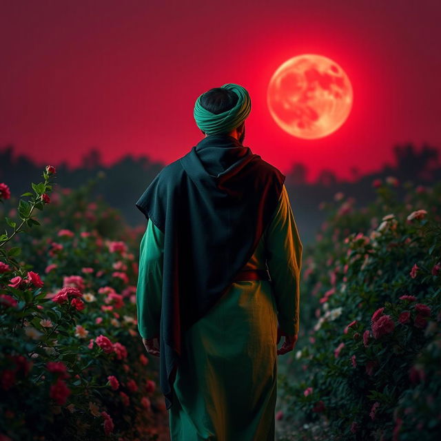 A man dressed in traditional Islamic attire featuring green garments topped with a black cloak and a black head covering, adorned with a green turban