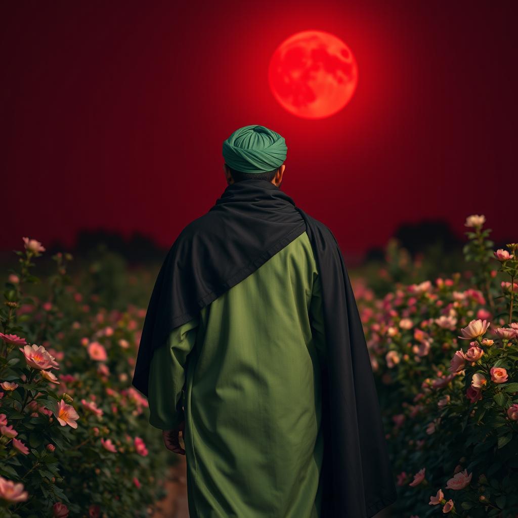 A man dressed in traditional Islamic attire featuring green garments topped with a black cloak and a black head covering, adorned with a green turban