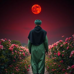 A man dressed in traditional Islamic attire featuring green garments topped with a black cloak and a black head covering, adorned with a green turban