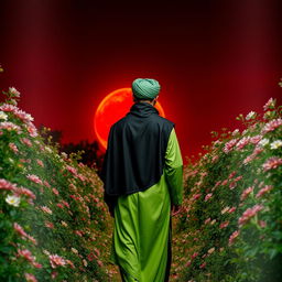 A man dressed in traditional Islamic attire featuring green garments topped with a black cloak and a black head covering, adorned with a green turban