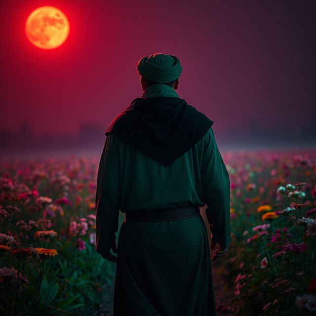 A man embodying the character of Imam Hussein, dressed in traditional Islamic green garments with a black cloak and robe draped over his shoulders