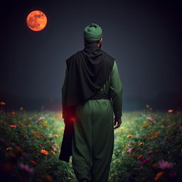 A man embodying the character of Imam Hussein, dressed in traditional Islamic green garments with a black cloak and robe draped over his shoulders