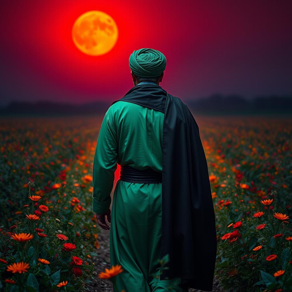 A man embodying the character of Imam Hussein, dressed in traditional Islamic green garments with a black cloak and robe draped over his shoulders