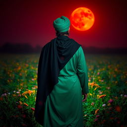 A man embodying the character of Imam Hussein, dressed in traditional Islamic green garments with a black cloak and robe draped over his shoulders