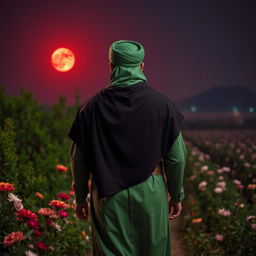 A man embodying the character of Imam Hussein, dressed in traditional green Islamic attire with a black cloak and a black head covering draping from the top of his head