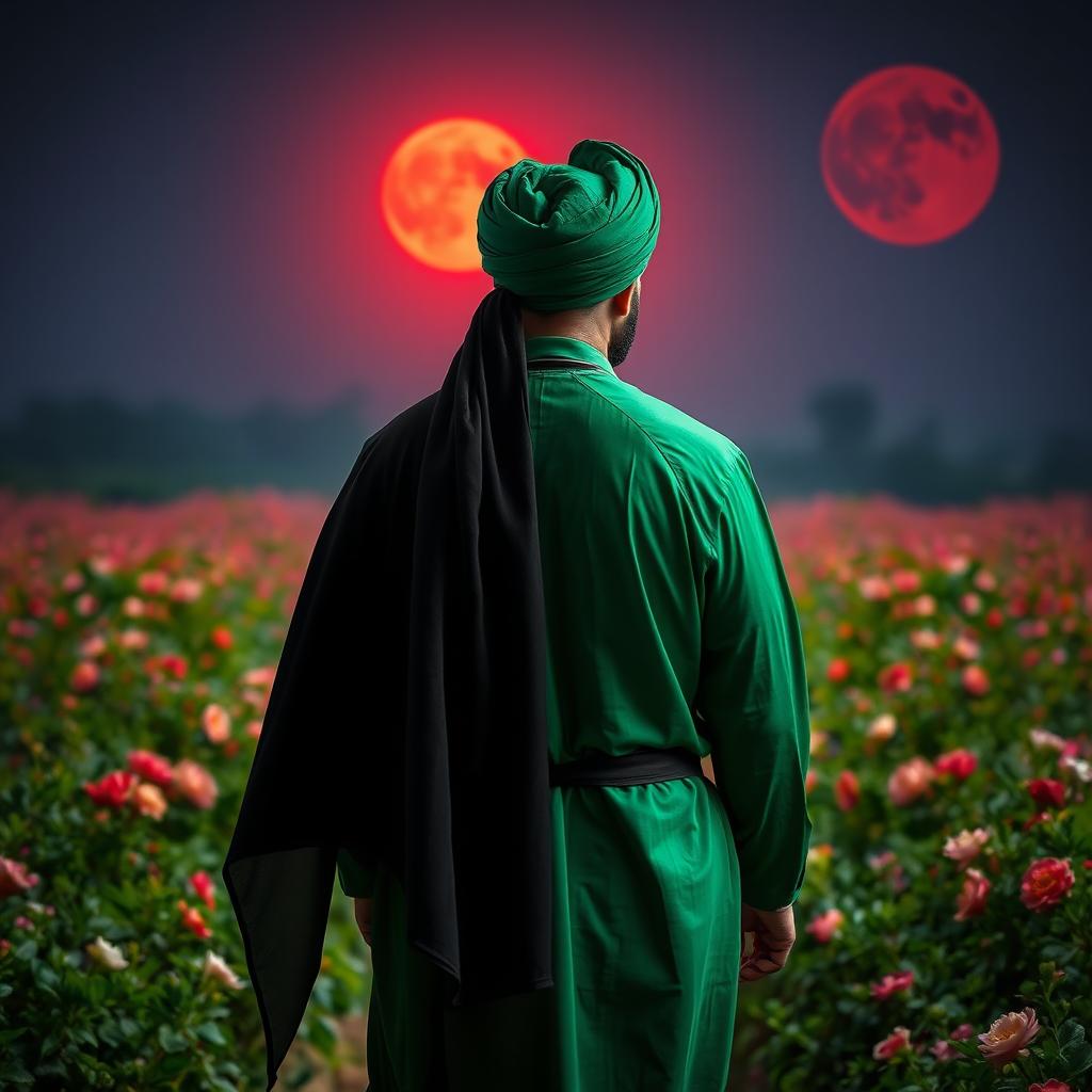 A man embodying the character of Imam Hussein, dressed in traditional green Islamic attire with a black cloak and a black head covering draping from the top of his head
