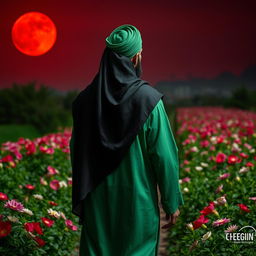 A man embodying the character of Imam Hussein, dressed in traditional green Islamic attire with a black cloak and a black head covering draping from the top of his head