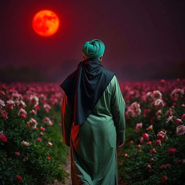 A man embodying the character of Imam Hussein, dressed in traditional green Islamic attire with a black cloak and a black head covering draping from the top of his head