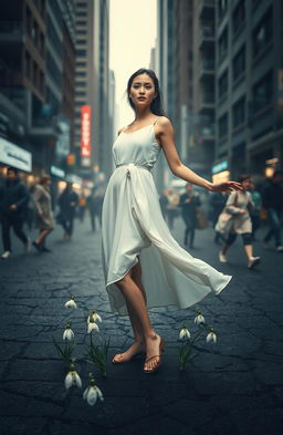 A serene individual standing gracefully in the midst of a chaotic urban environment, symbolizing resilience and beauty like a blooming snowdrop flower