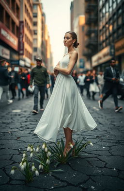 A serene individual standing gracefully in the midst of a chaotic urban environment, symbolizing resilience and beauty like a blooming snowdrop flower