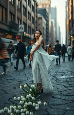 A serene individual standing gracefully in the midst of a chaotic urban environment, symbolizing resilience and beauty like a blooming snowdrop flower