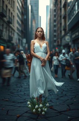 A serene individual standing gracefully in the midst of a chaotic urban environment, symbolizing resilience and beauty like a blooming snowdrop flower
