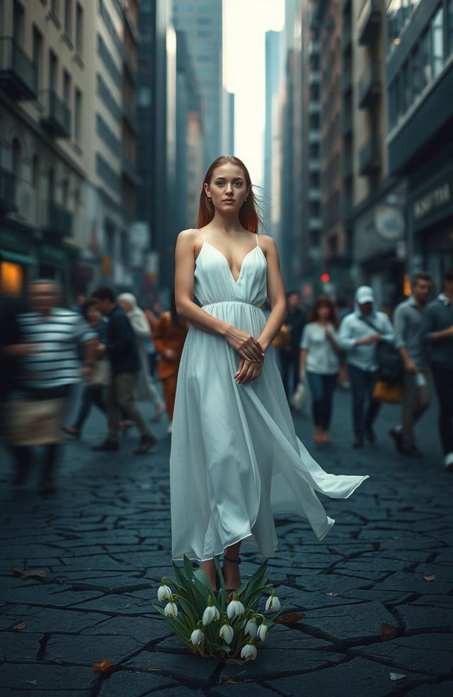 A serene individual standing gracefully in the midst of a chaotic urban environment, symbolizing resilience and beauty like a blooming snowdrop flower