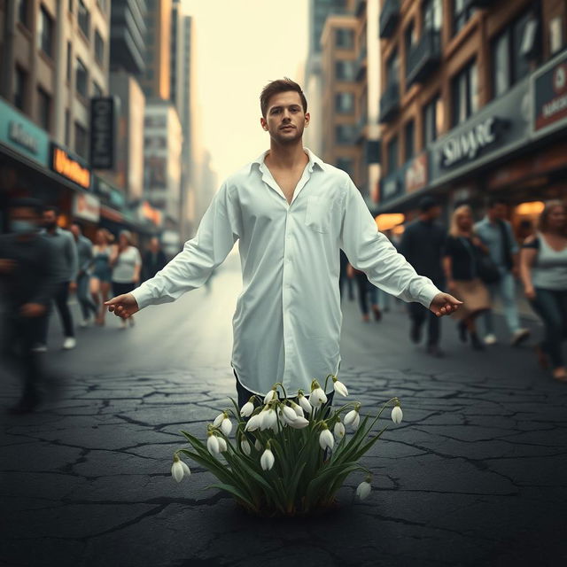 A serene man standing gracefully in the midst of a chaotic urban environment, embodying resilience and beauty like a blooming snowdrop flower