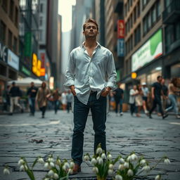 A serene man standing gracefully in the midst of a chaotic urban environment, embodying resilience and beauty like a blooming snowdrop flower