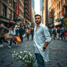 A serene man standing gracefully in the midst of a chaotic urban environment, embodying resilience and beauty like a blooming snowdrop flower