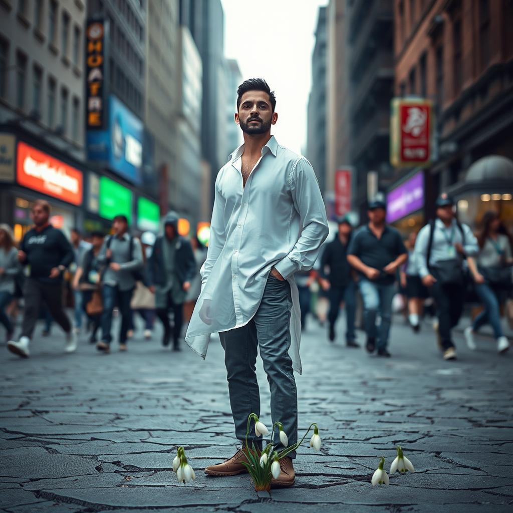 A serene man standing gracefully in the midst of a chaotic urban environment, embodying resilience and beauty like a blooming snowdrop flower