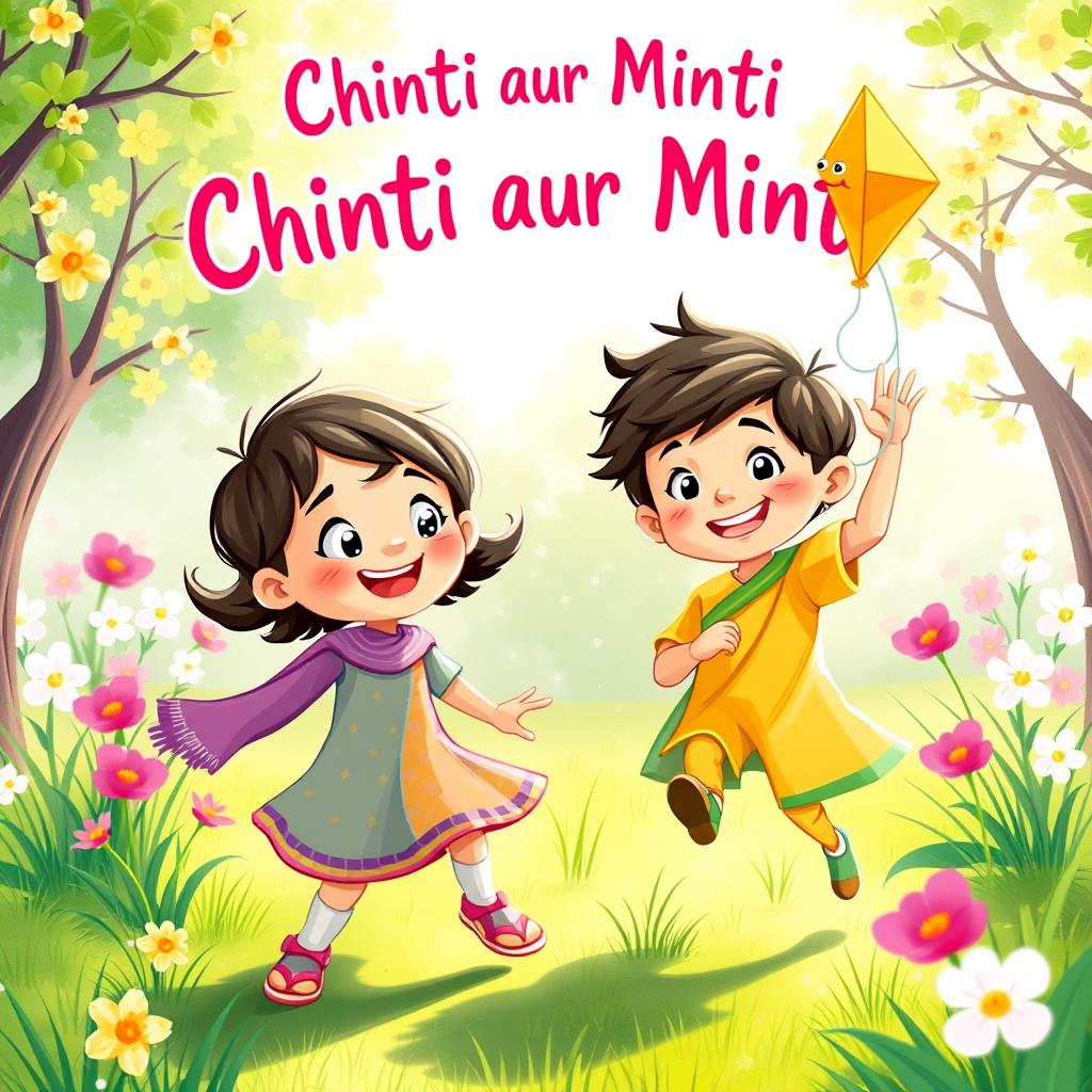A whimsical illustration capturing the playful and vibrant essence of Chinti aur Minti, featuring two mischievous children with bright, cheerful expressions, wearing colorful clothing