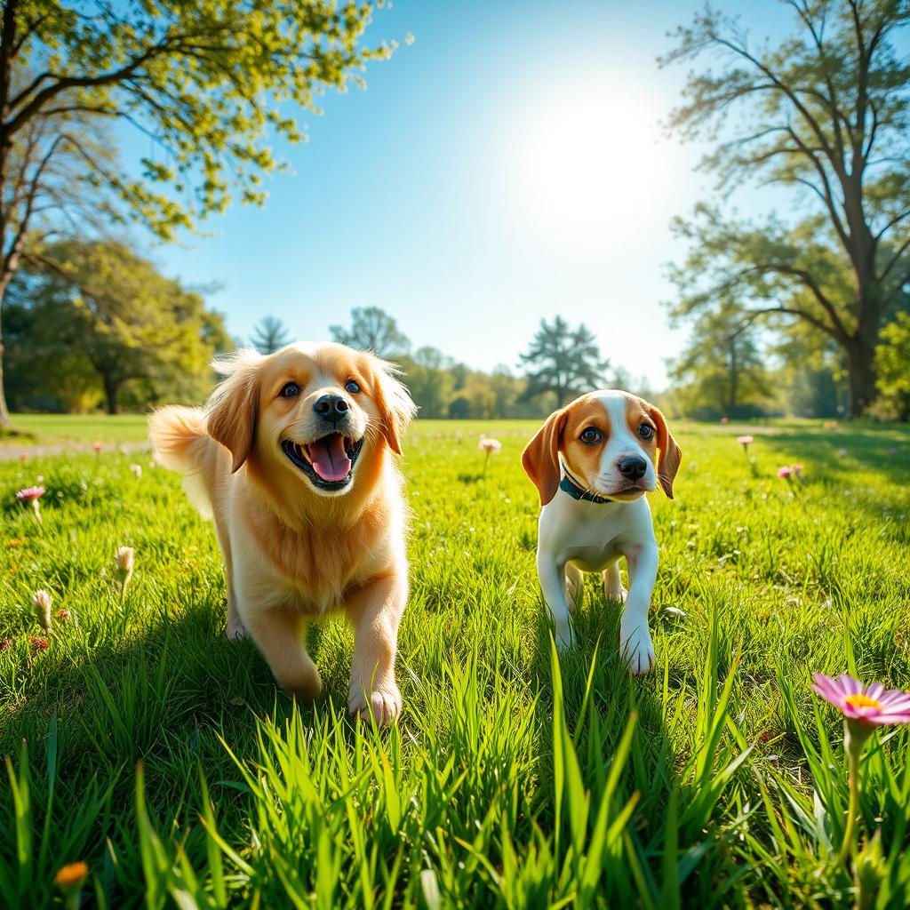 A serene landscape featuring two adorable dogs playing together in a sunlit park