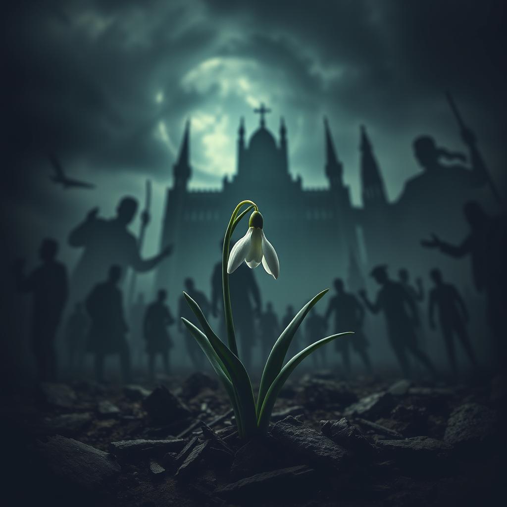A single, striking snowdrop flower blooming amidst a dark, chaotic urban environment, symbolizing resilience and hope
