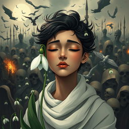 A beautifully illustrated person embodying strength and resilience, depicted as blooming like a delicate snowdrop flower amidst a contrasting chaotic backdrop reflective of a tumultuous Muslim society, filled with dark and ominous elements representing evil, immorality, and ignorance