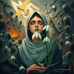 A beautifully illustrated person embodying strength and resilience, depicted as blooming like a delicate snowdrop flower amidst a contrasting chaotic backdrop reflective of a tumultuous Muslim society, filled with dark and ominous elements representing evil, immorality, and ignorance