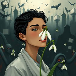 A beautifully illustrated person embodying strength and resilience, depicted as blooming like a delicate snowdrop flower amidst a contrasting chaotic backdrop reflective of a tumultuous Muslim society, filled with dark and ominous elements representing evil, immorality, and ignorance