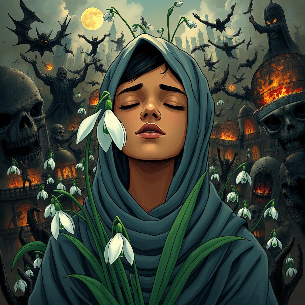 A beautifully illustrated person embodying strength and resilience, depicted as blooming like a delicate snowdrop flower amidst a contrasting chaotic backdrop reflective of a tumultuous Muslim society, filled with dark and ominous elements representing evil, immorality, and ignorance