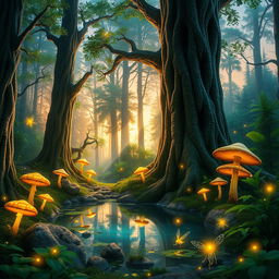 A mystical forest during twilight, featuring glowing mushrooms and ethereal lights floating through the air, with a serene pond reflecting the colors of the sunset