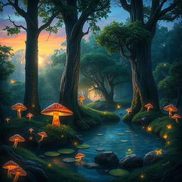 A mystical forest during twilight, featuring glowing mushrooms and ethereal lights floating through the air, with a serene pond reflecting the colors of the sunset