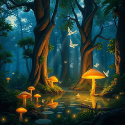 A mystical forest during twilight, featuring glowing mushrooms and ethereal lights floating through the air, with a serene pond reflecting the colors of the sunset