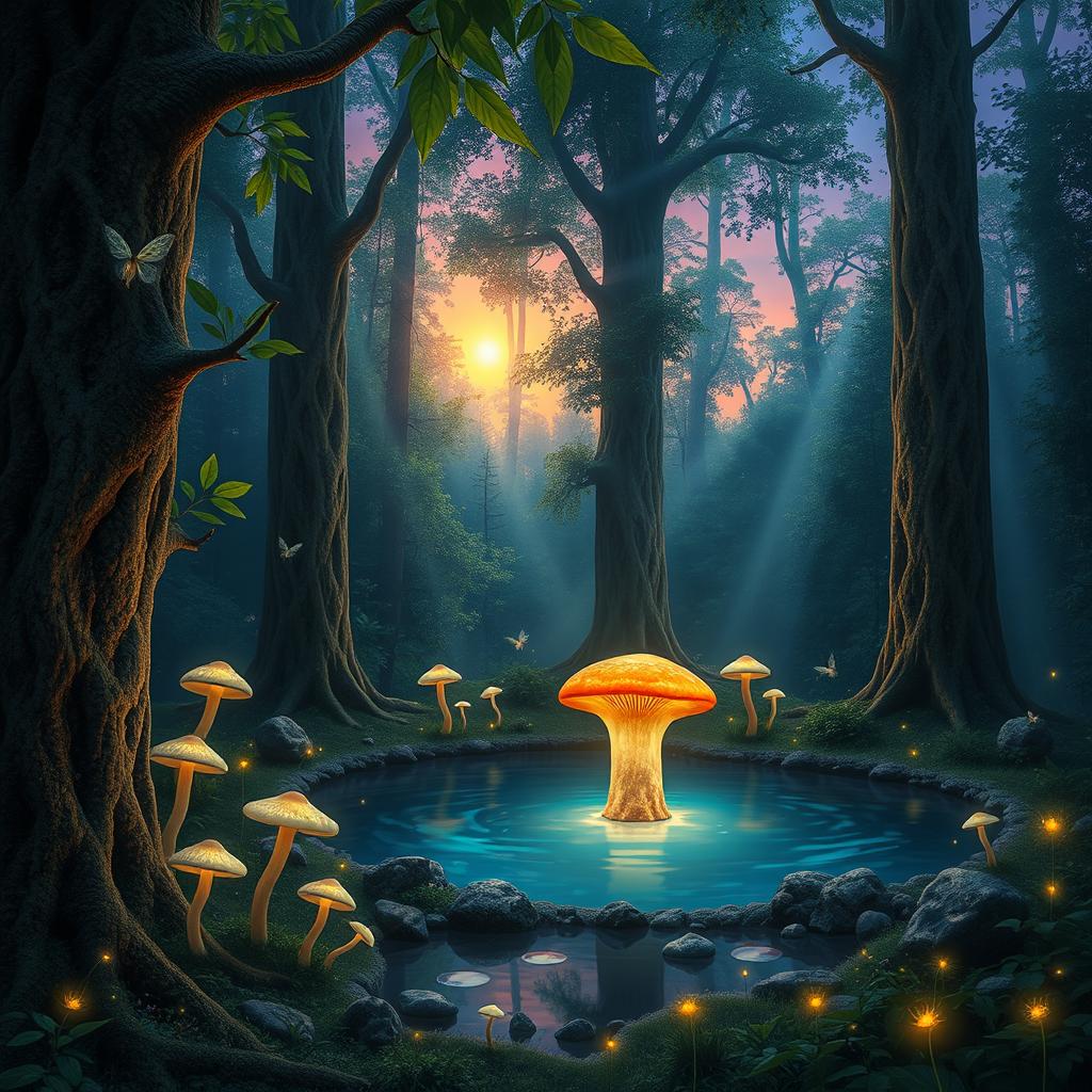 A mystical forest during twilight, featuring glowing mushrooms and ethereal lights floating through the air, with a serene pond reflecting the colors of the sunset