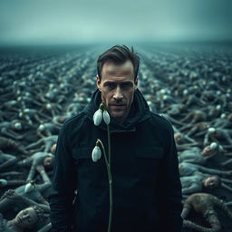 A striking and poignant image depicting a man represented like a delicate snowdrop flower, standing in a desolate landscape filled with thousands of human corpses
