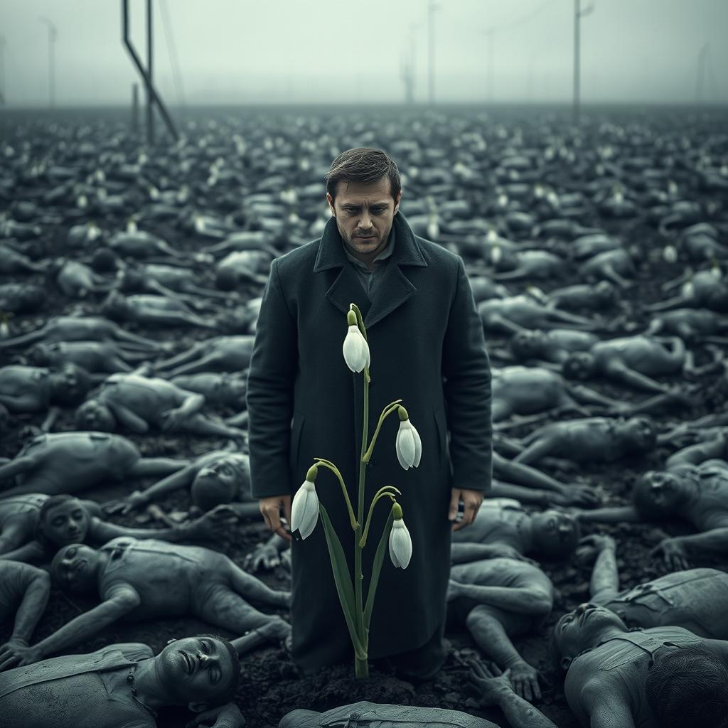 A striking and poignant image depicting a man represented like a delicate snowdrop flower, standing in a desolate landscape filled with thousands of human corpses