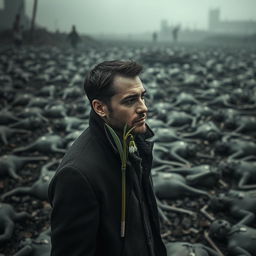 A striking and poignant image depicting a man represented like a delicate snowdrop flower, standing in a desolate landscape filled with thousands of human corpses