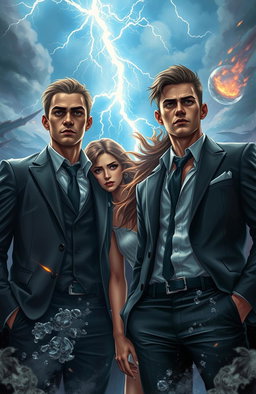 In a vivid elemental fantasy setting, two young, handsome mafia leaders stand resolutely amidst a backdrop of massive chaos