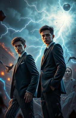 In a vivid elemental fantasy setting, two young, handsome mafia leaders stand resolutely amidst a backdrop of massive chaos