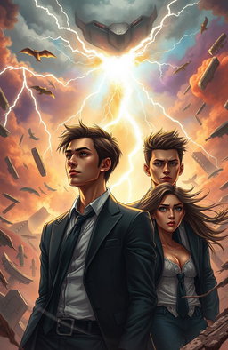 In a vivid elemental fantasy setting, two young, handsome mafia leaders stand resolutely amidst a backdrop of massive chaos