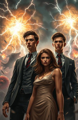 In a vivid elemental fantasy setting, two young, handsome mafia leaders stand resolutely amidst a backdrop of massive chaos