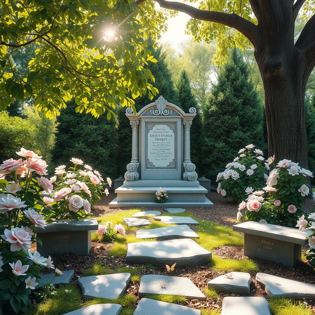 A serene and tranquil memorial garden scene, featuring lush greenery, blooming flowers in soft pastel colors, and a beautiful, ornate stone memorial monument in the center